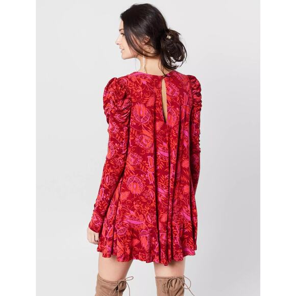 Free People HELLO LOVER Floral Ruched Long Sleeve Flowy Tunic Top Dress in Red M - Picture 5 of 10